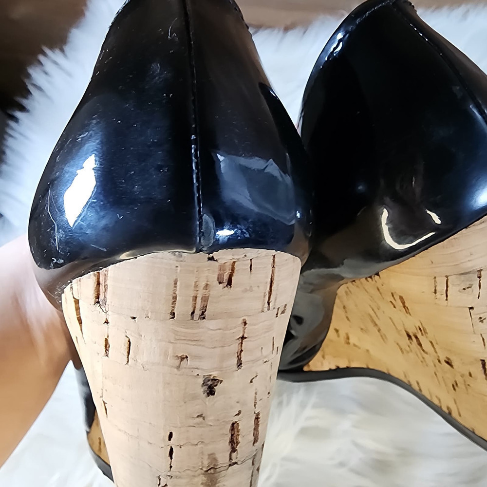 Prada Black Patent Leather Cork Wedge Heels Sz 40 - Picture 8 of 14